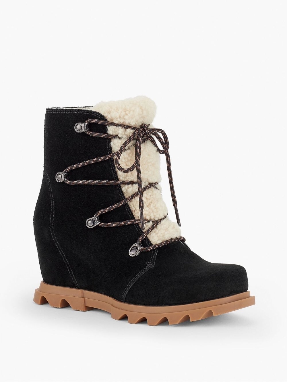 Sorel Women's Black Suede Wedge Winter Boot with Shearling Trim